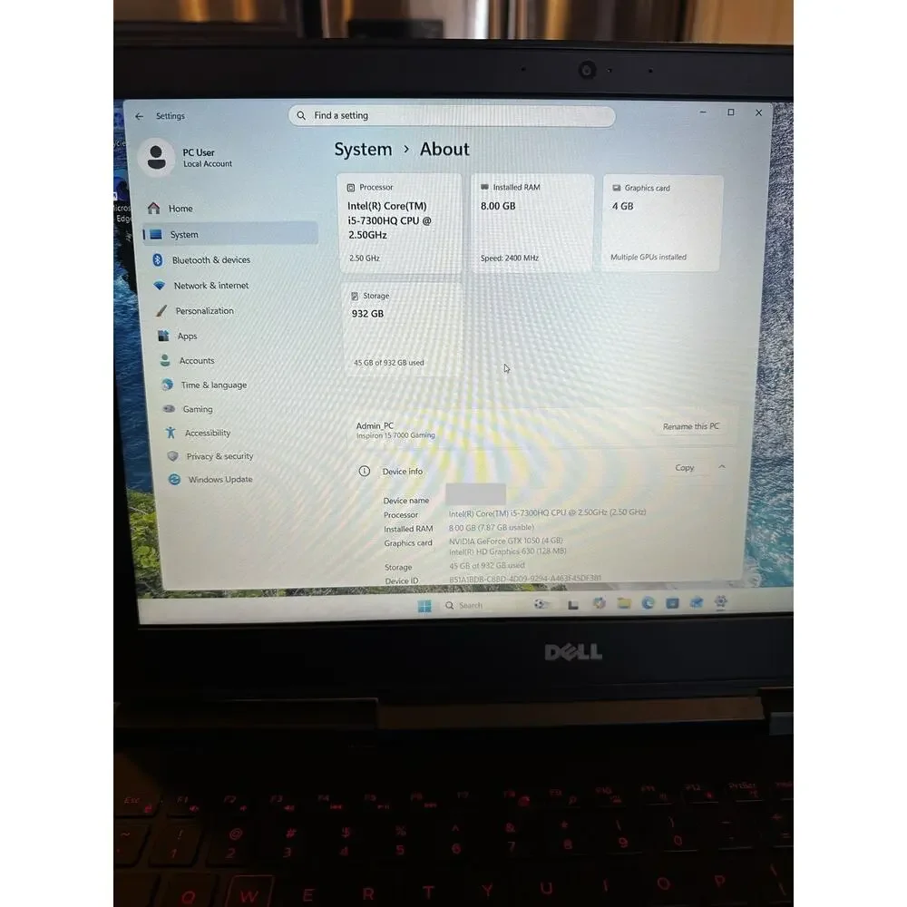 Dell Inspiron 15 7567 Gaming Laptop I5-7300, NVIDIA Gtx 1050, 1TB SSD 8GB Win 11